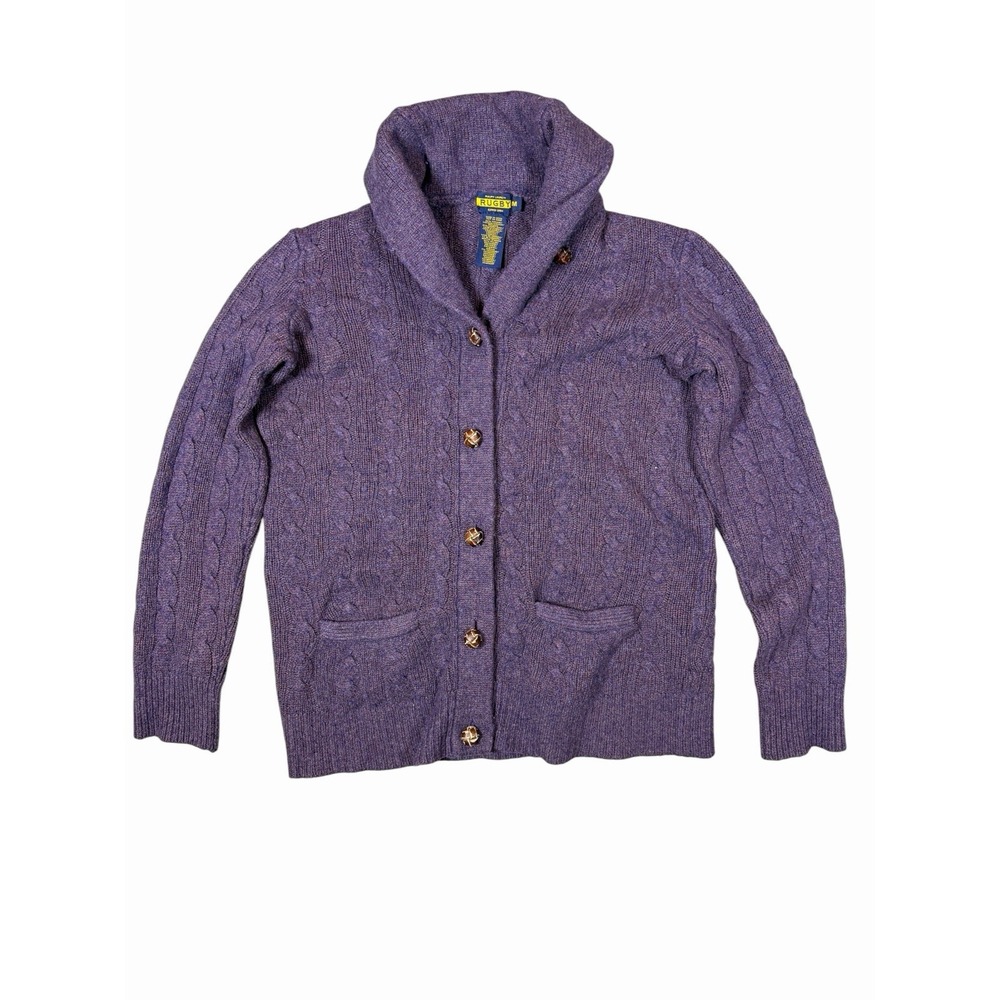 Ralph Lauren Rugby Womens M Purple Cable Knit Lamb Wool Cashmere Shawl Cardigan